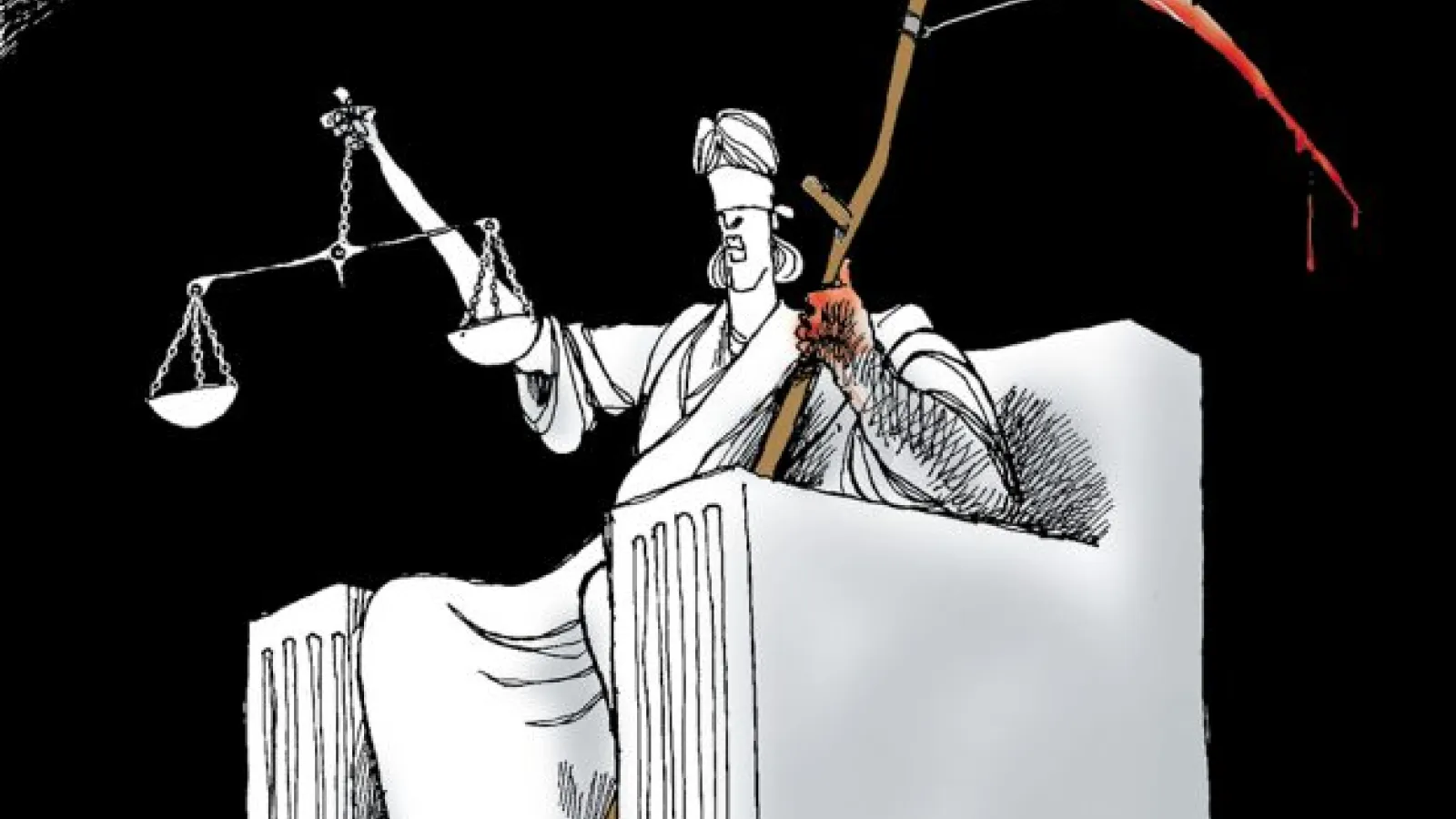 Scott Stantis "Death Penalty" a comic showing a blindfolded figure holding the scales of justice and a bloodied scythe that reads "death penalty"