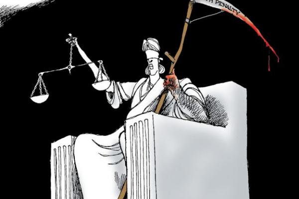 Scott Stantis "Death Penalty" a comic showing a blindfolded figure holding the scales of justice and a bloodied scythe that reads "death penalty"