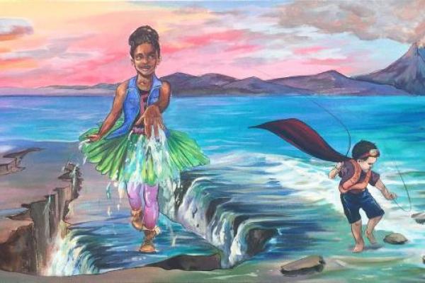 Superheroes en Vogue Mural of two young costumed figures playing in the ocean with a volcano in the background